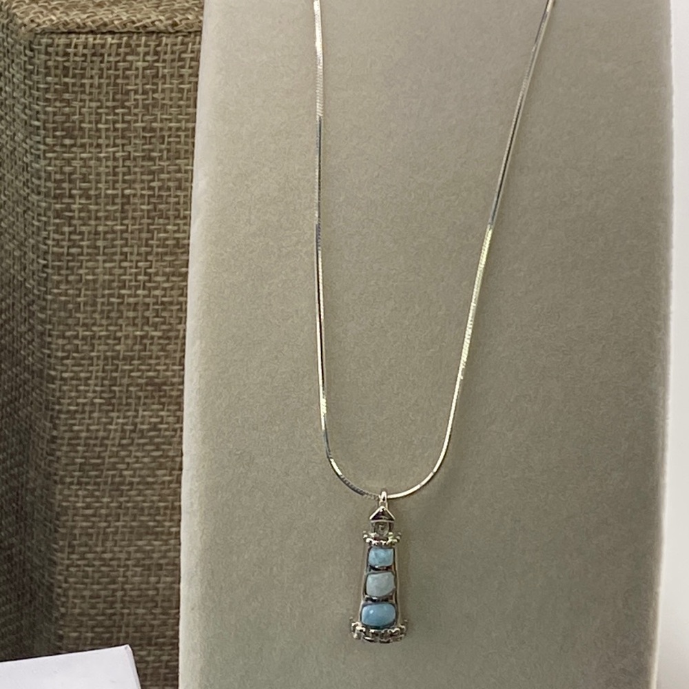 Stunning Lighthouse Larimar And Sterling Silver Pendant On 20” 925 Snake Chain